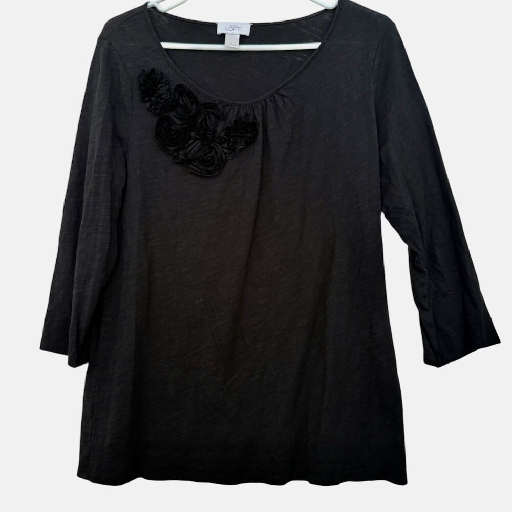 LOFT Womens Black 3/4 Sleeve Top Floral Rosettes Sz L Mature Dark Romantic Event